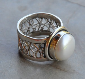 Wide Detailed Band with Pearl Ring