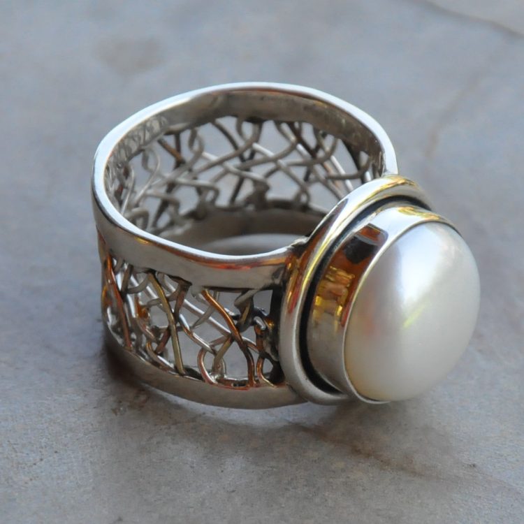 Wide Detailed Band with Pearl Ring