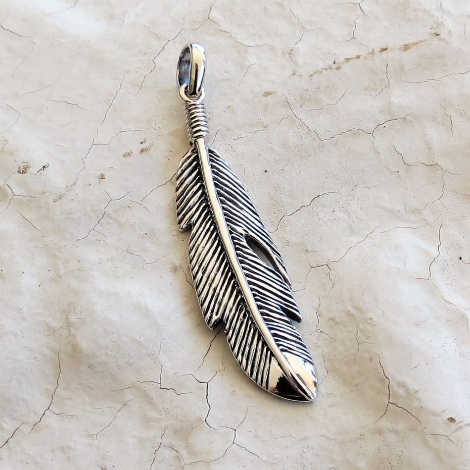 Sterling silver large feather pendant