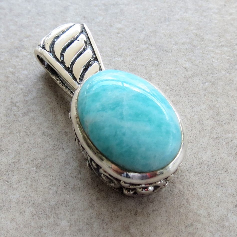 Amazonite oval pendant with detailed sterling silver border