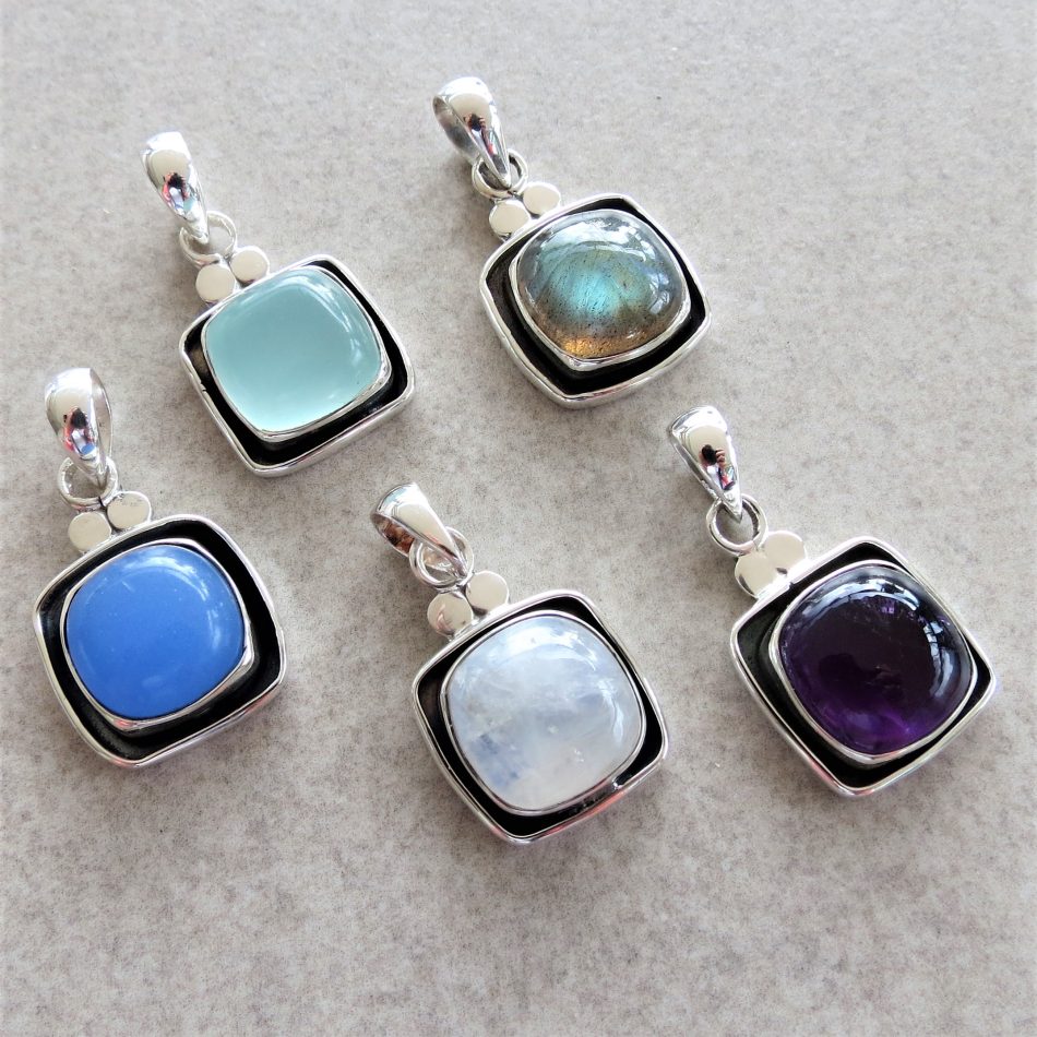 Various gemstone square shaped pendant with modern sterling silver border