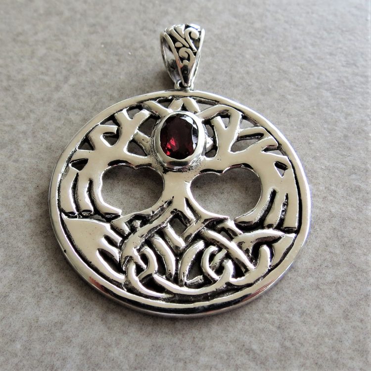 Sterling silver detailed tree of life with garnet pendant