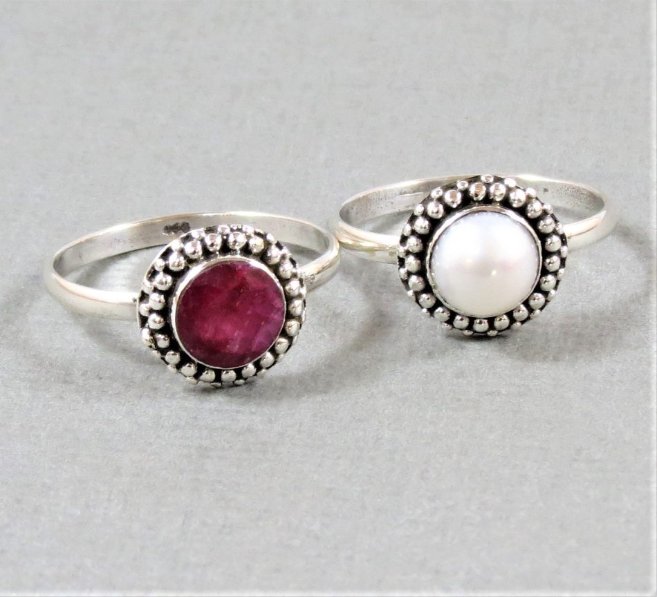 Various gemstone round ring with sterling silver border