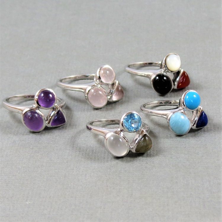 3 stone multi-gemstone rings