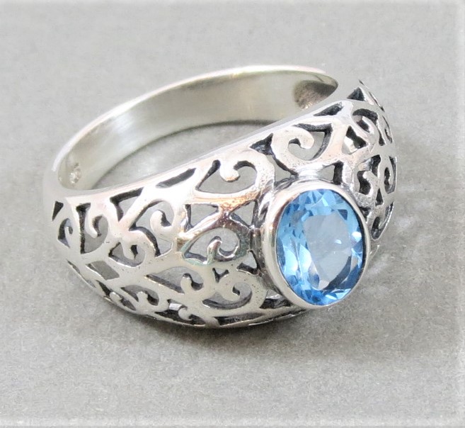 sterling silver intricate detailed blue topaz ring