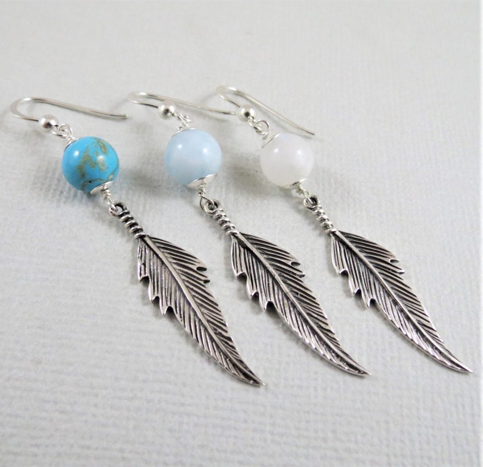 various gemstone and sterling silver feather earrings