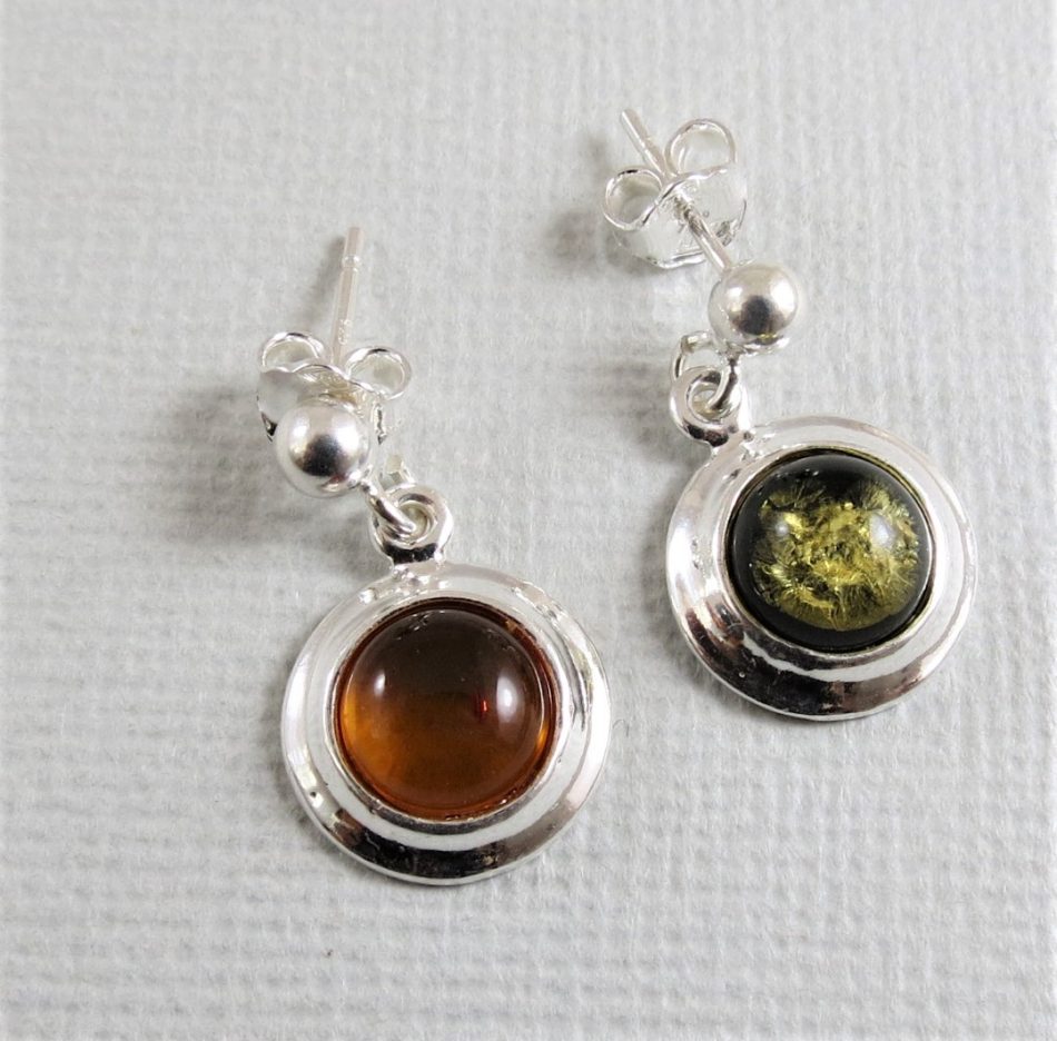 green or orange amber and sterling silver drop earrings