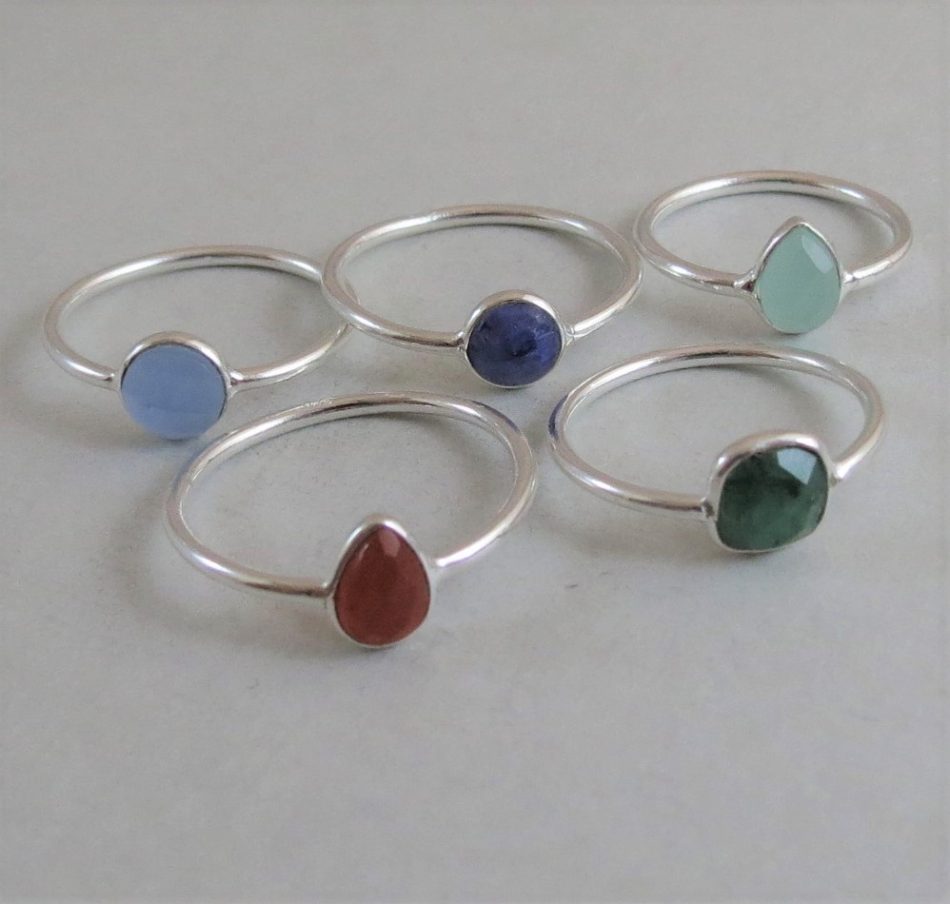 dainty sterling silver and various gemstone stack rings