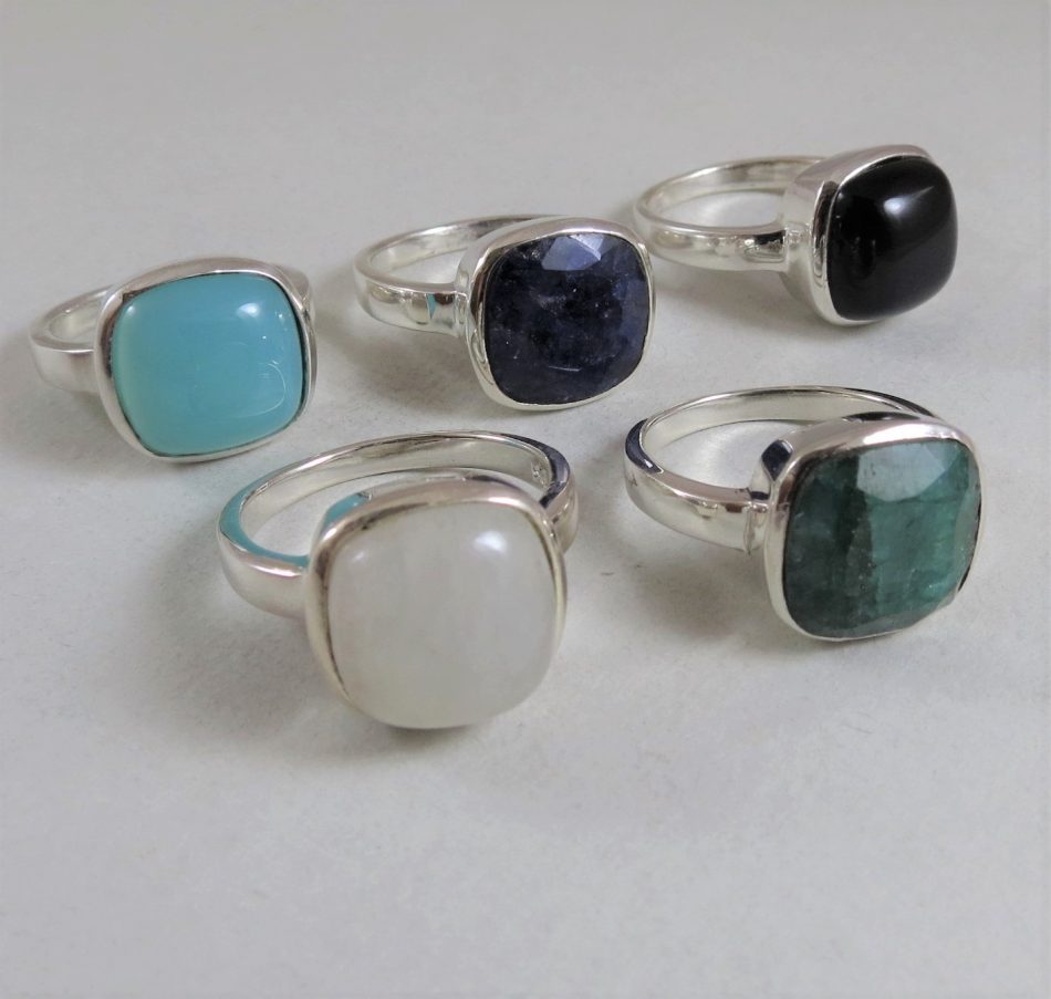 various gemstone and sterling silver ring