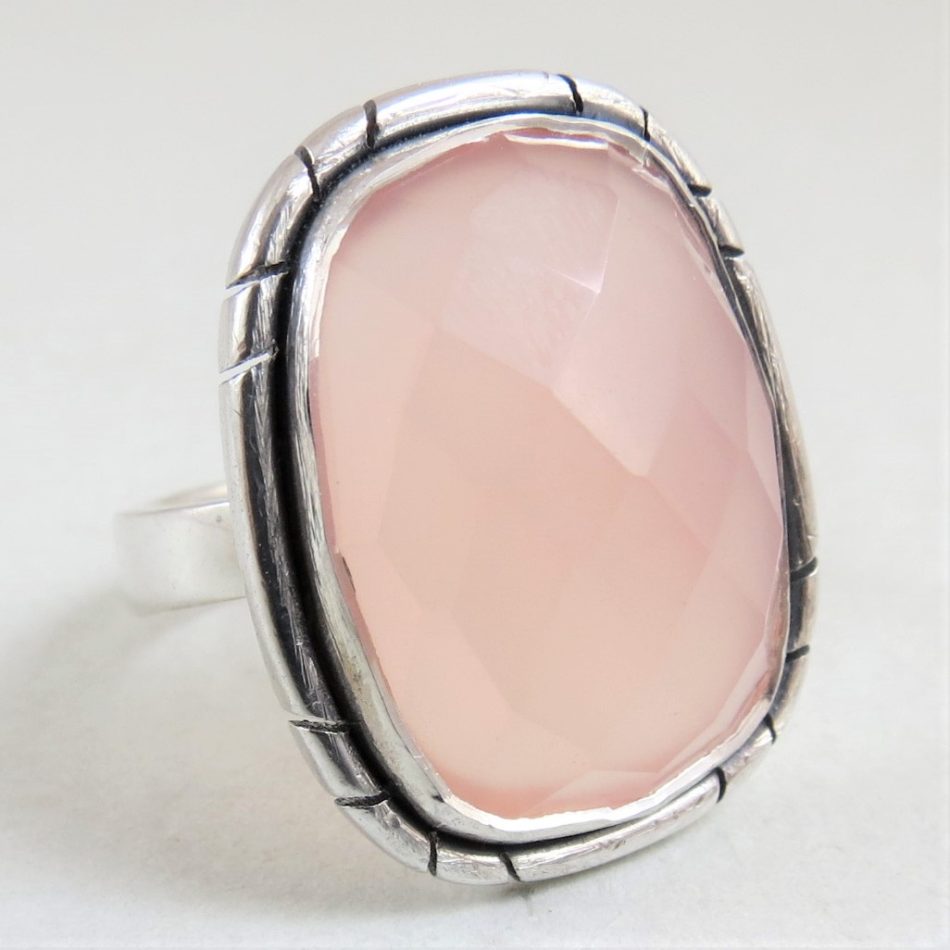 rectangular sterling silver and rose quartz ring