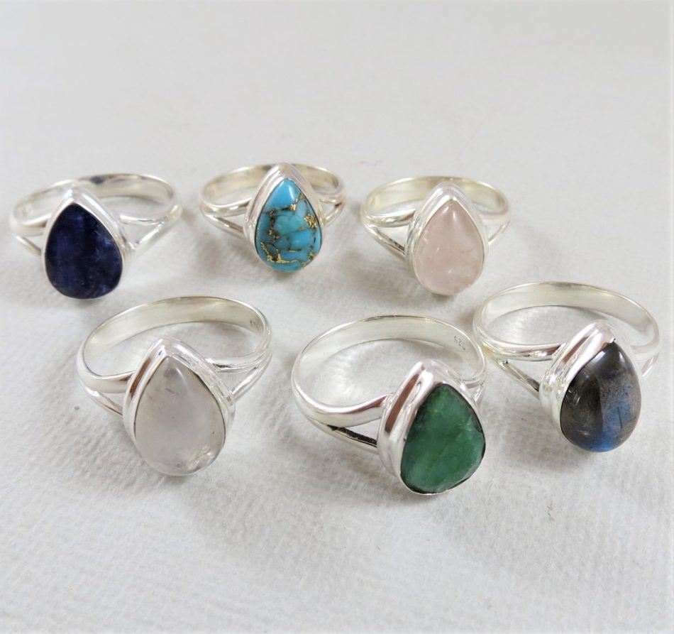 various gemstone and sterling silver rings