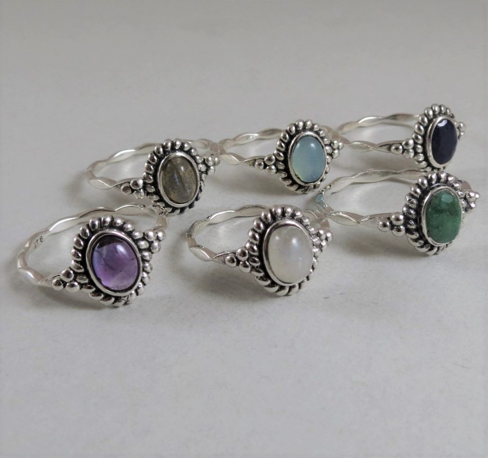 various gemstone and sterling silver ring