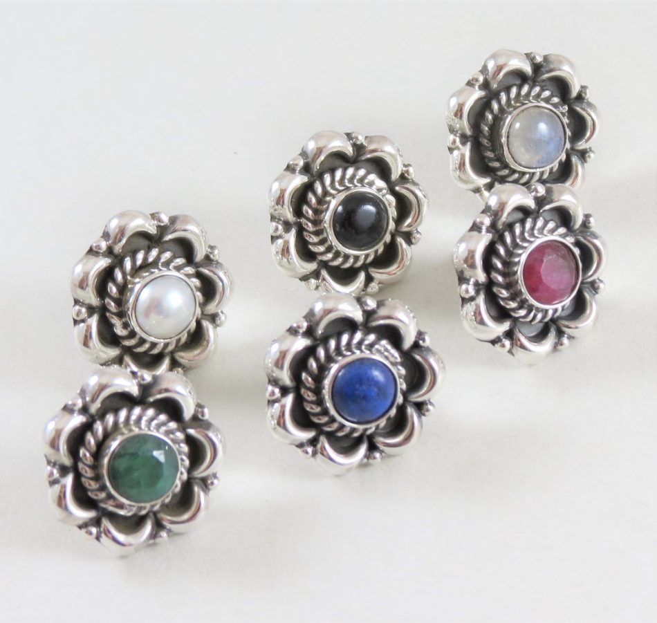 sterling silver and various gemstone earrings with flower border