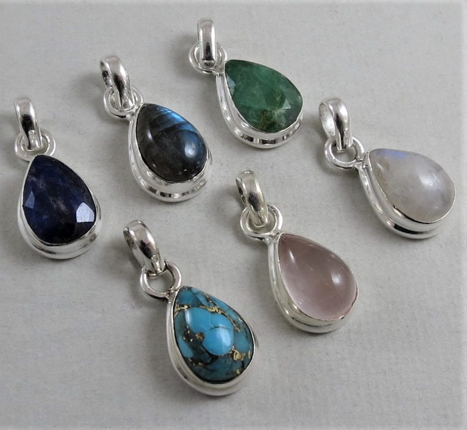 teardrop sterling silver and various gemstone pendant