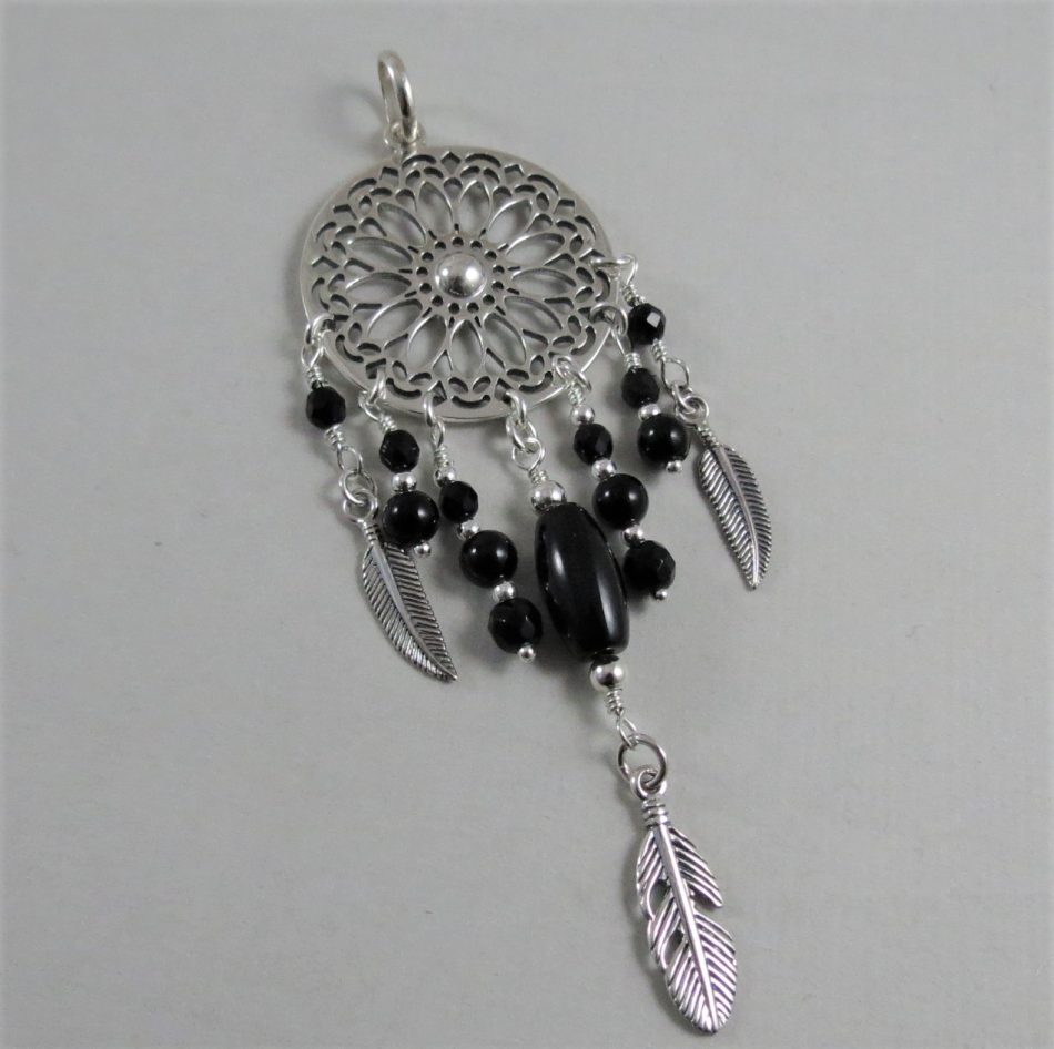 sterling silver and black onyx dreamcatcher pendant