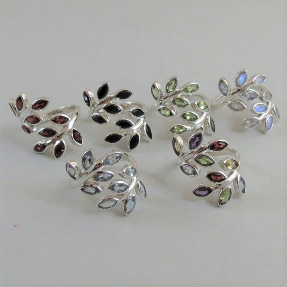 sterling silver and various gemstone vine ring