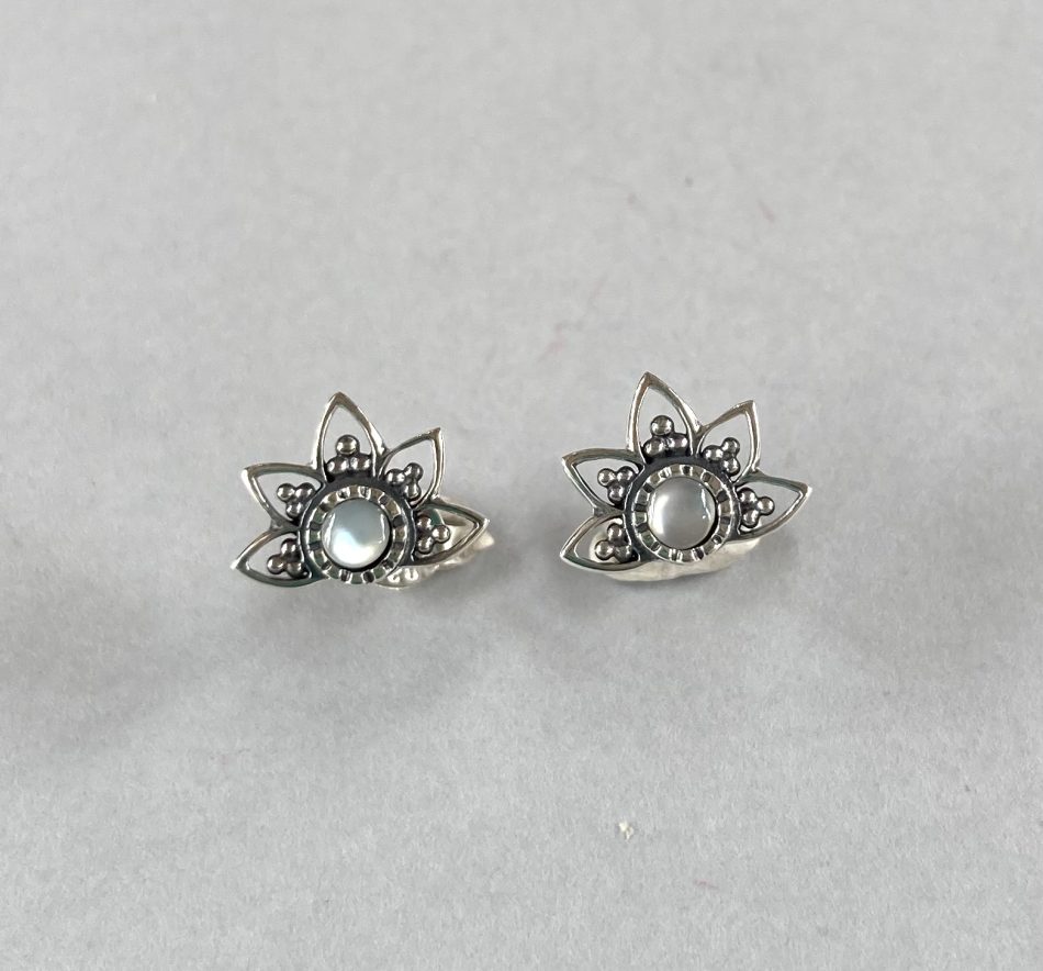 Sterling silver and mother of pearl lotus stud earrings