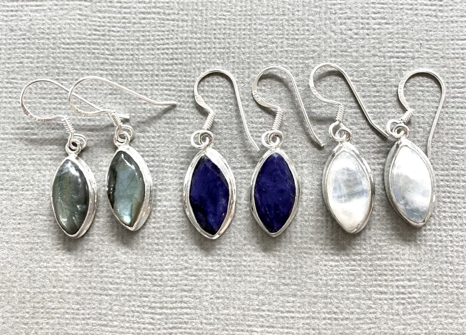 Sterling silver and various gemstone elliptical drop earrings