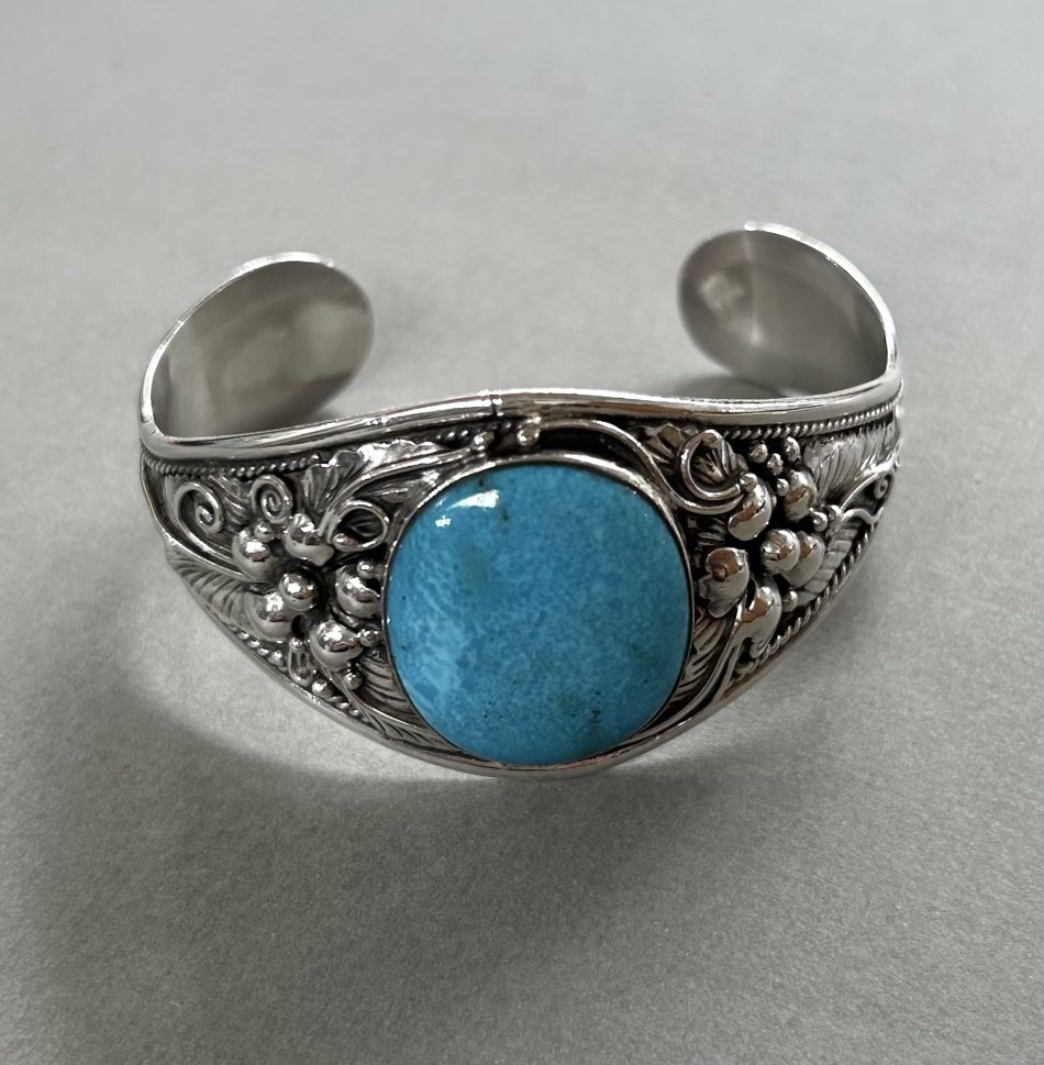 Sterling silver and Turquoise cuff bangle with flower and leaf detail