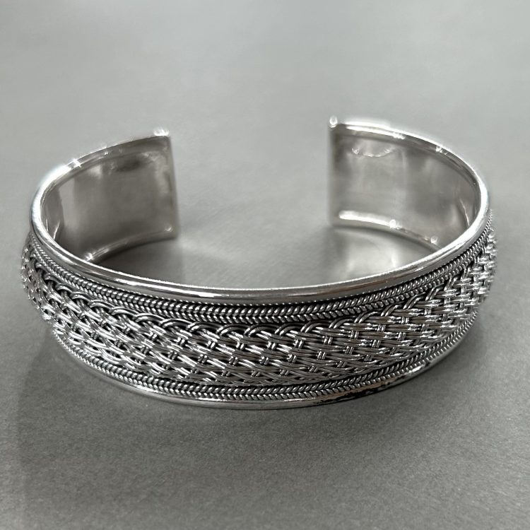Sterling silver delicate woven detail cuff bangle