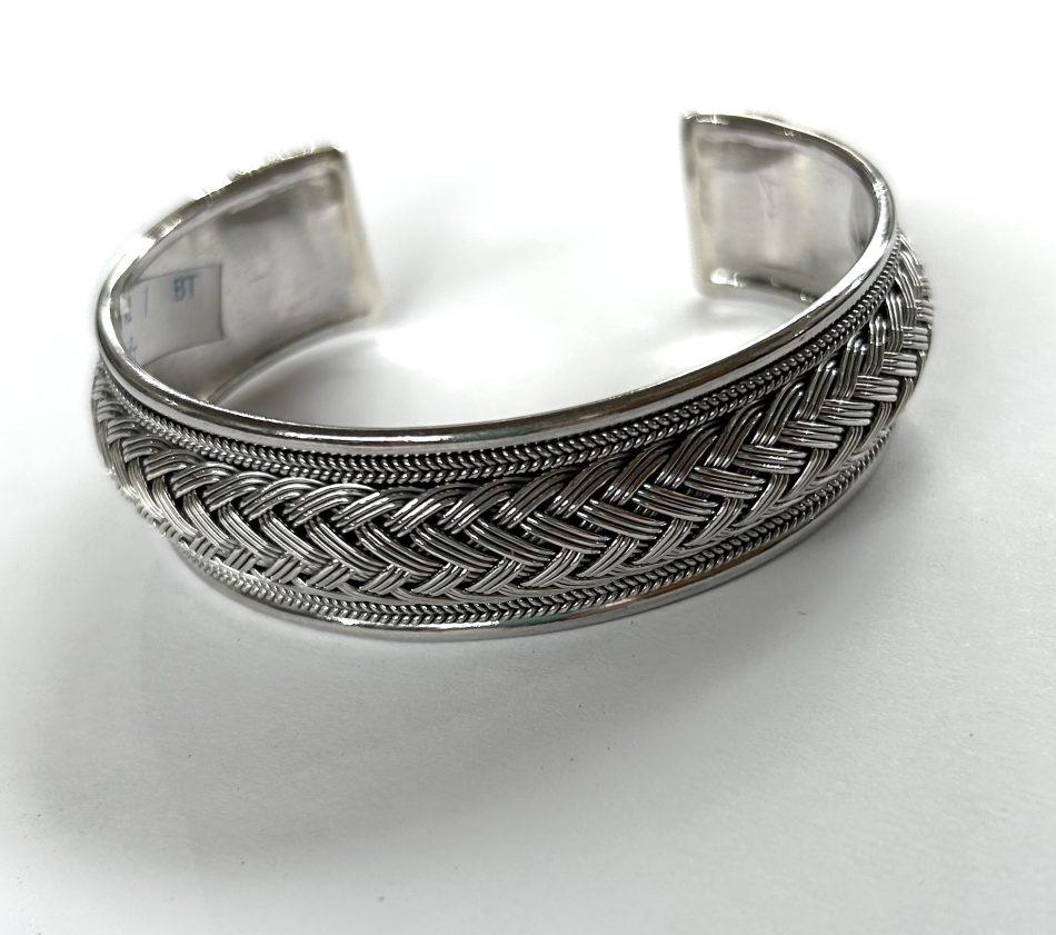 Sterling silver woven detailed cuff bangle