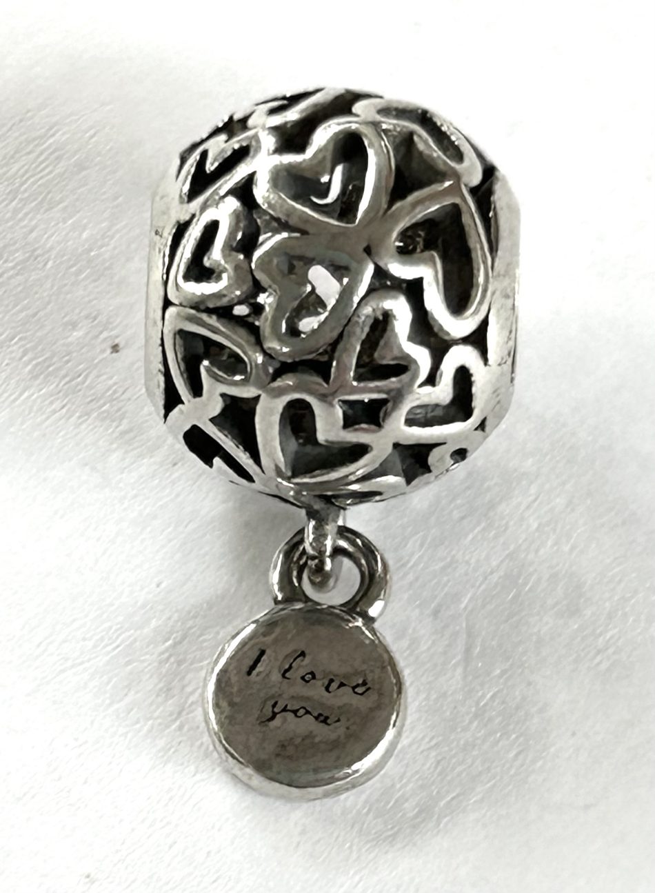 Sterling silver heart detail pandora-like-bead with 'i love you' charm