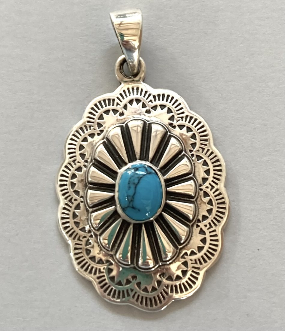 Turquoise pendant with big detailed Sterling silver border