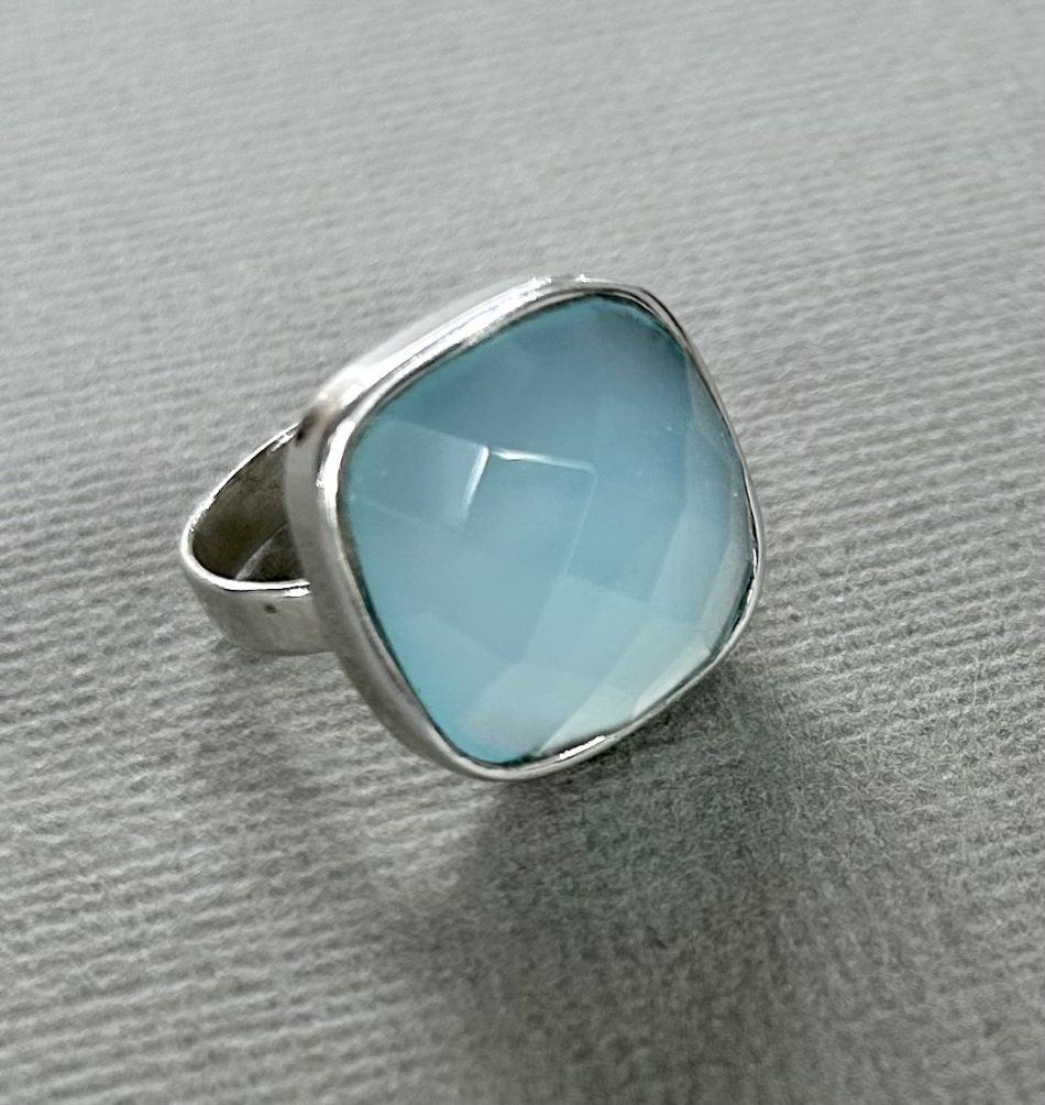 sterling silver and faceted light blue chalcedony ring