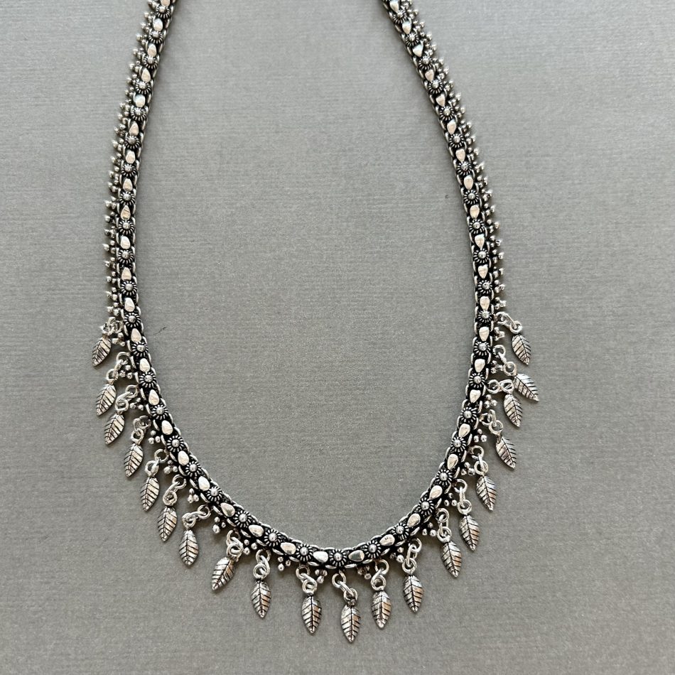 handmade sterling silver Laotian necklace with leaf details