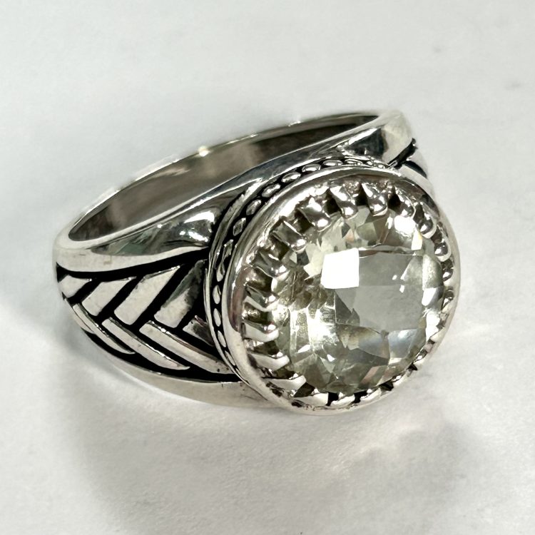 faceted pale green amethyst and sterling silver ring