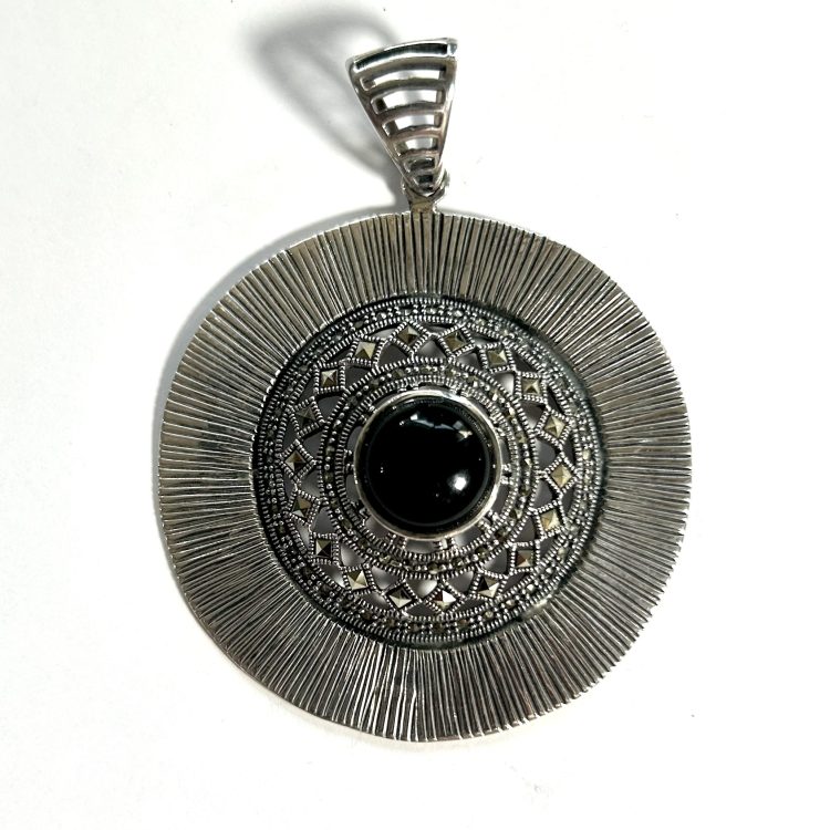 large marcasite and black onyx pendant with sterling silver border
