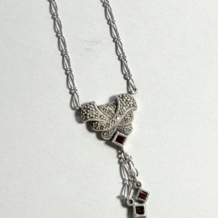 sterling silver necklace with marcasite and garnet pendant