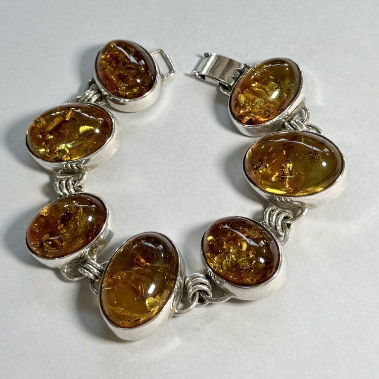 large sterling silver and oval amber bracelet