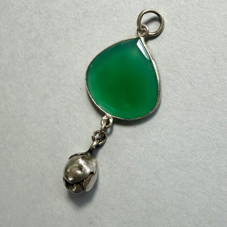 teardrop green onyx pendant with sterling silver rosebud drop