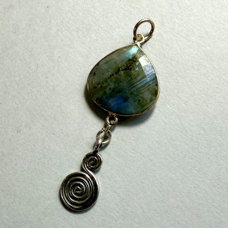 teardrop labradorite pendant with sterling silver swirl drop