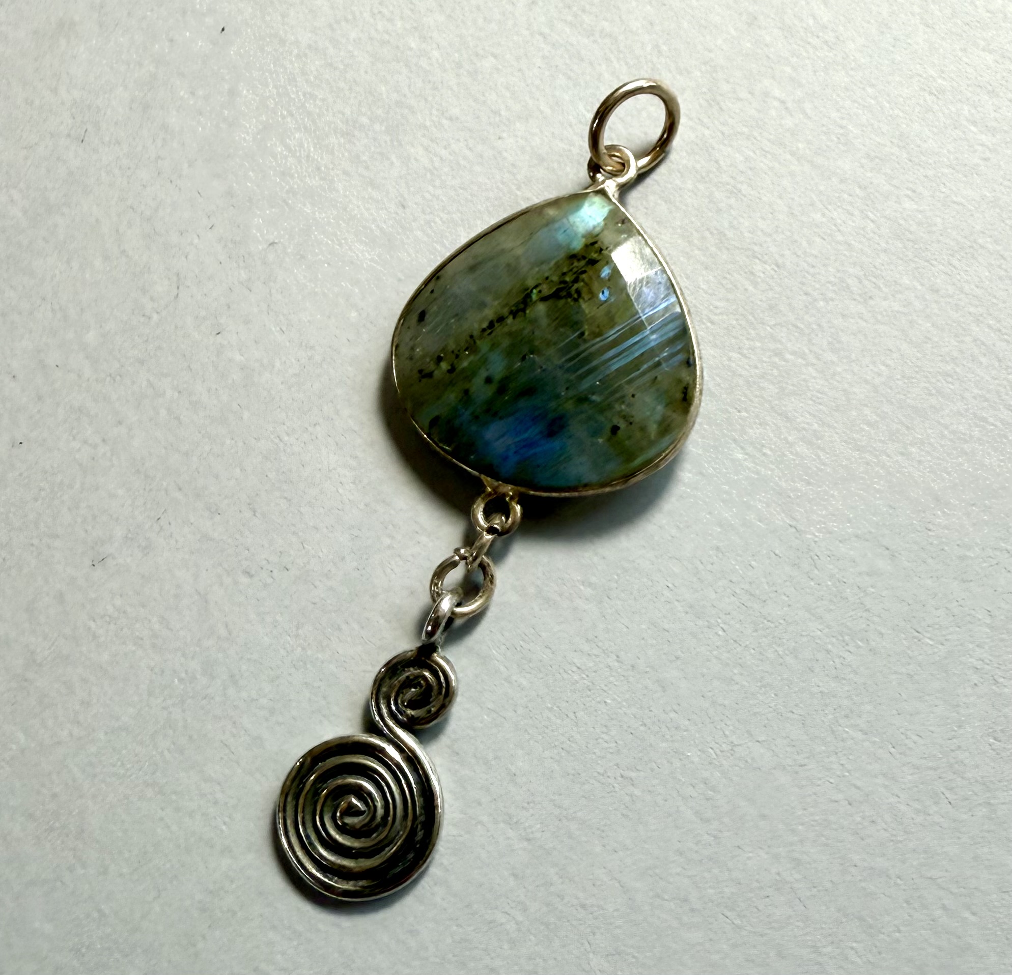 teardrop labradorite pendant with sterling silver swirl drop