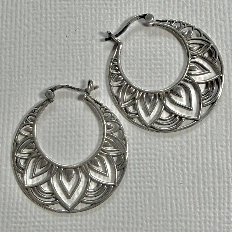 sterling silver bohemian flower outlined hoop earrings