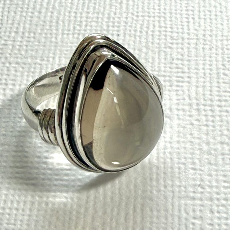 sterling silver detailed border teardrop cabochon smokey quartz ring