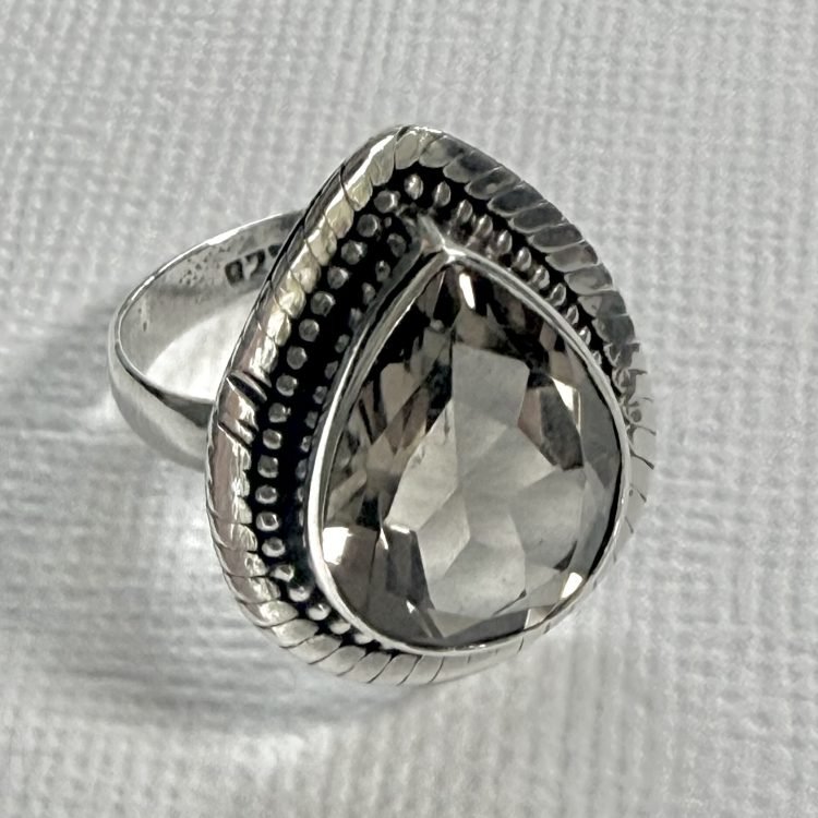 sterling silver detailed border teardrop faceted smokey quartz ring