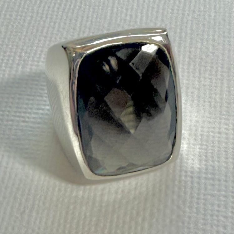 chunky sterling silver rectangular faceted smokey quartz ring