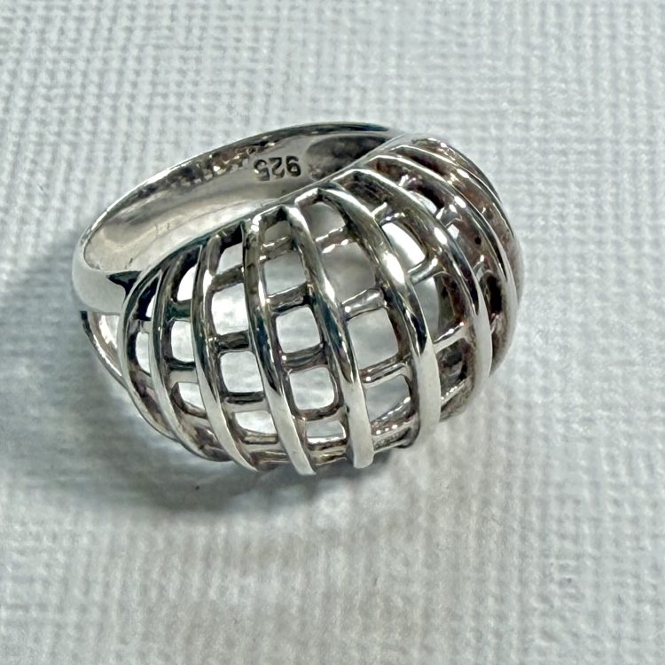 sterling silver ring with a spherical cage design