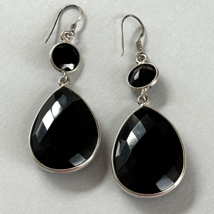 sterling silver and faceted black onyx double drop earrings