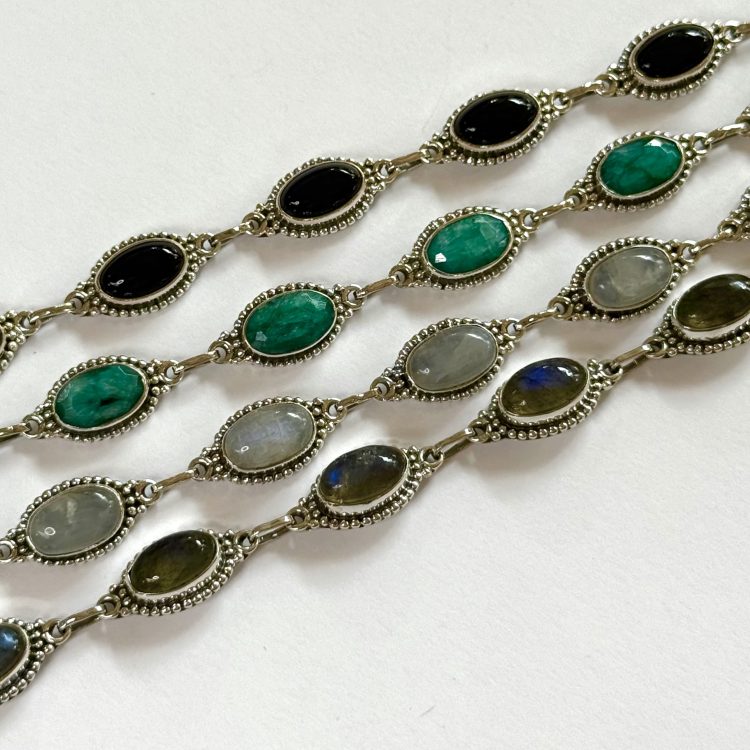 sterling silver dotted detail various oval gemstone bracelet