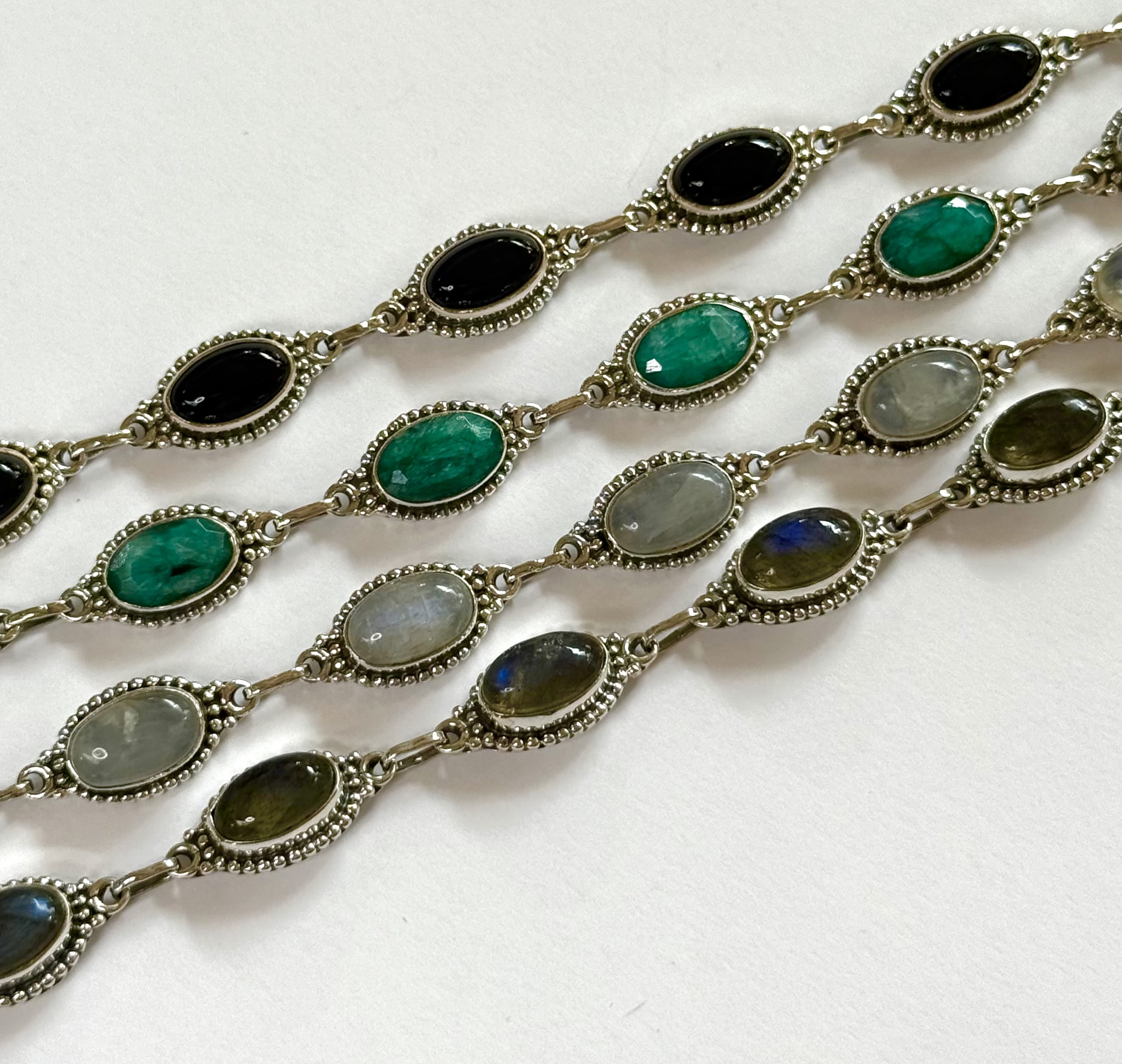 sterling silver dotted detail various oval gemstone bracelet