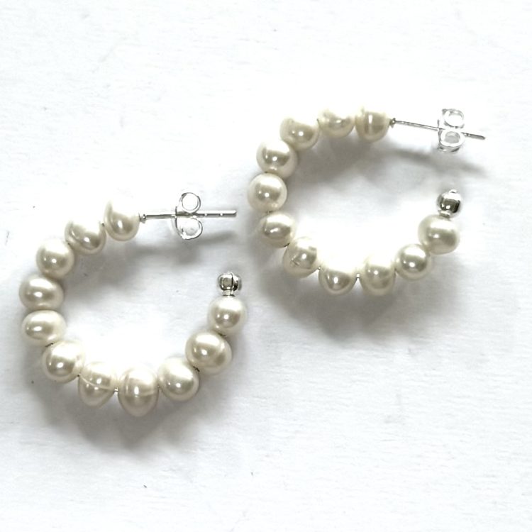 sterling silver and white pearl hoop stud earrings
