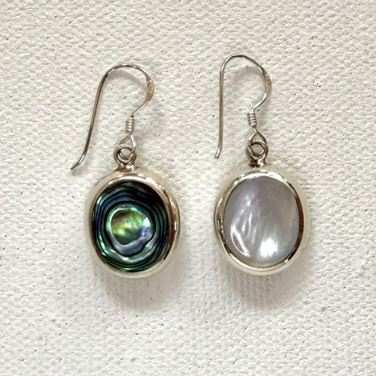 oval sterling silver double sided mother of pearl and abalone shell drop earrings