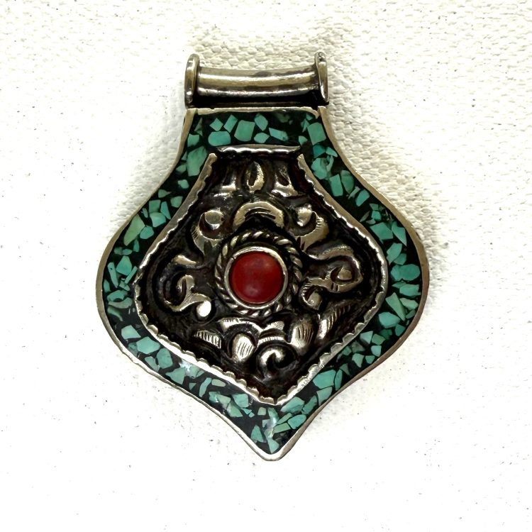 antique Indian silver-plated pendant with turquoise and coral