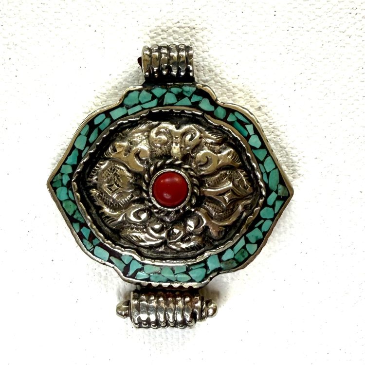 antique Indian silver-plated pendant with turquoise and coral