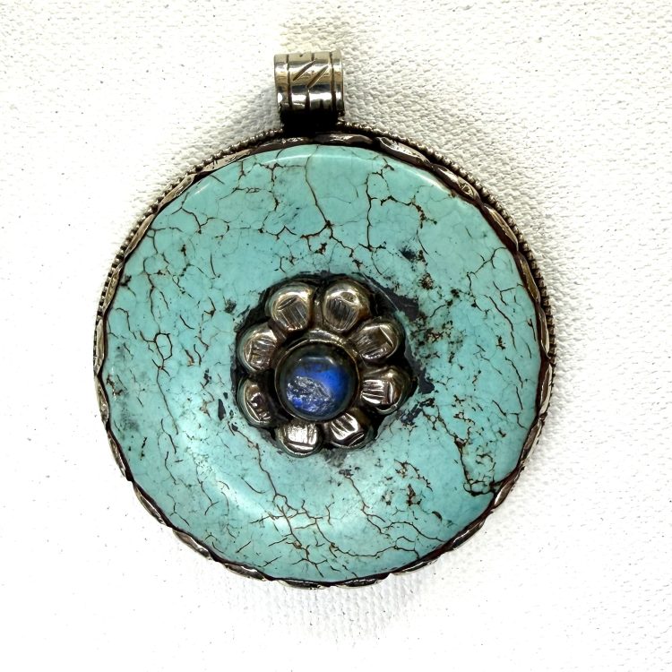 antique Indian silver-plated pendant with turquoise and labradorite