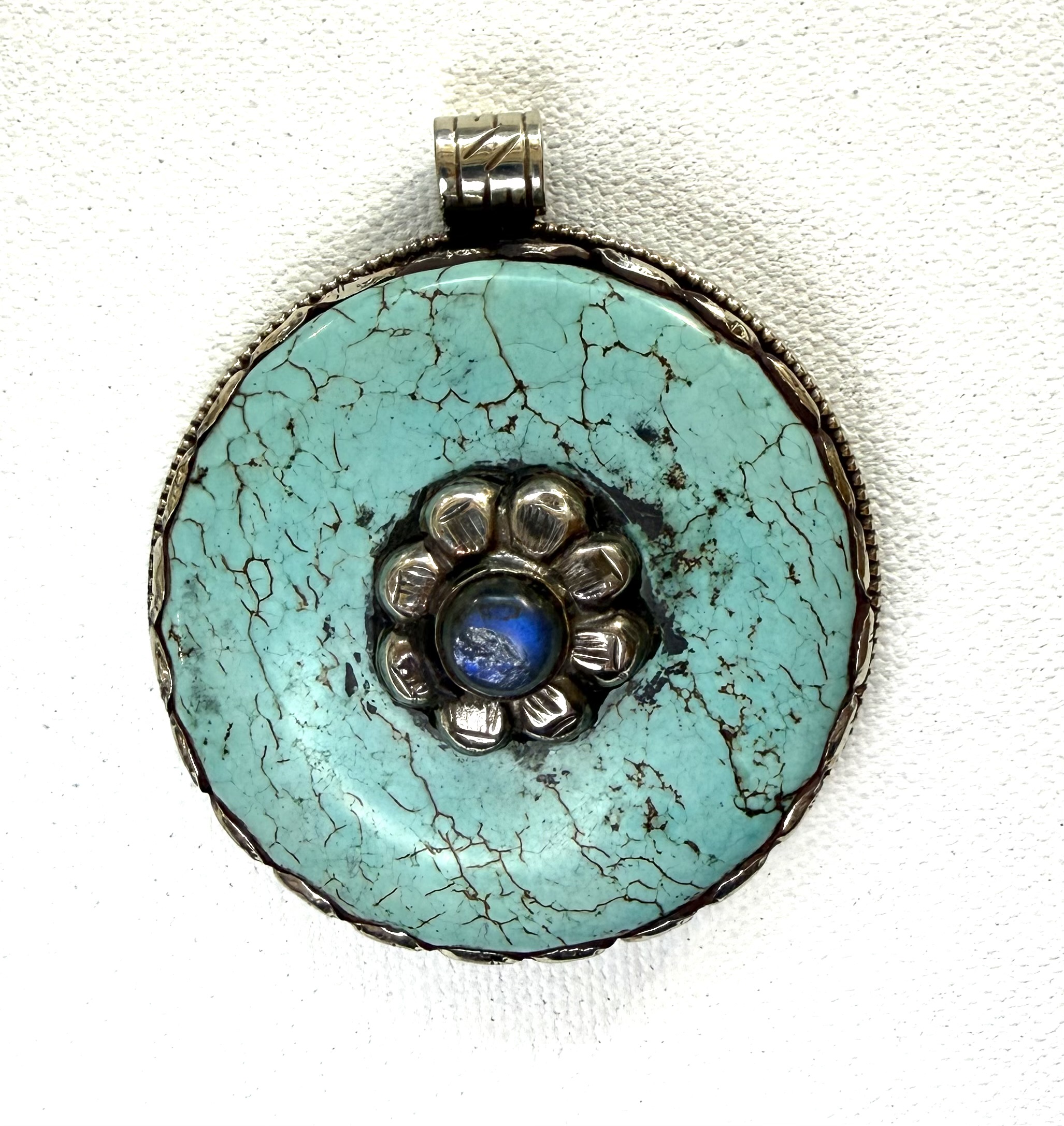 antique Indian silver-plated pendant with turquoise and labradorite